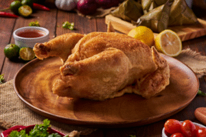 Appetizing photo of a whole Lechon Manok (Filipino roasted chicken) or batter-fried whole chicken preparation on a wooden board.